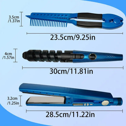 3-in-1 Combo Nano Titanium Flat Iron + Comb + Curling Iron 